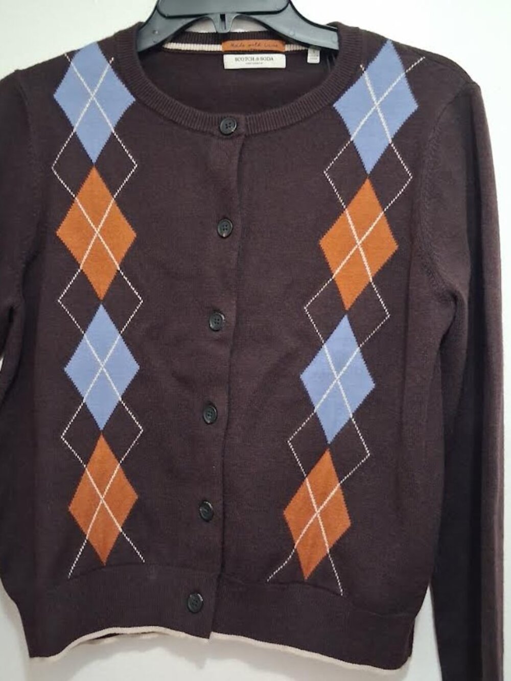 Scotch & Soda Argyle Button-Front Cardigan Sweater Brown Blue NWT Size Small